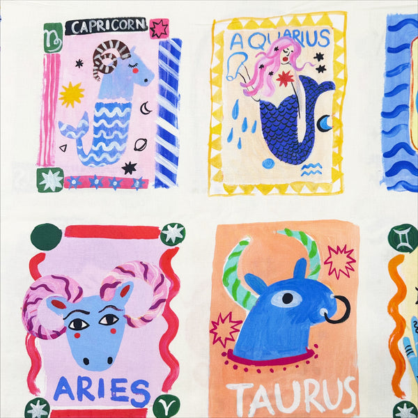 Zodiac Horoscope Sign Cards Cotton Fabric-White, Maison de Fabric, Imported from Japan