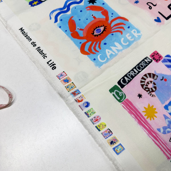 Zodiac Horoscope Sign Cards Cotton Fabric-White, Maison de Fabric, Imported from Japan