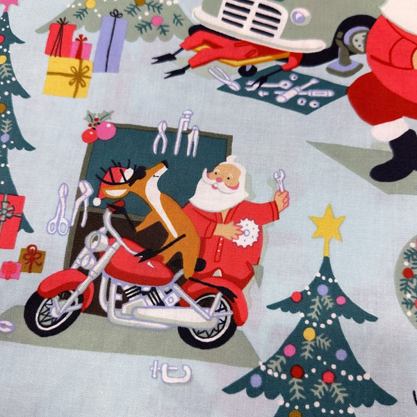 Alexander Henry Santas Garage Cotton Fabric, Christmas Holiday Reindeers