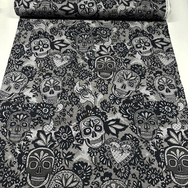 Alexander Henry Darkly Delicate Charcoal Sugar Skulls Cotton Fabric