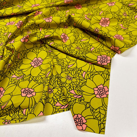 Chartreuse & Salmon Retro Line Work Floral Print Italian Cotton Poplin Apparel Fabric, Made In Italy