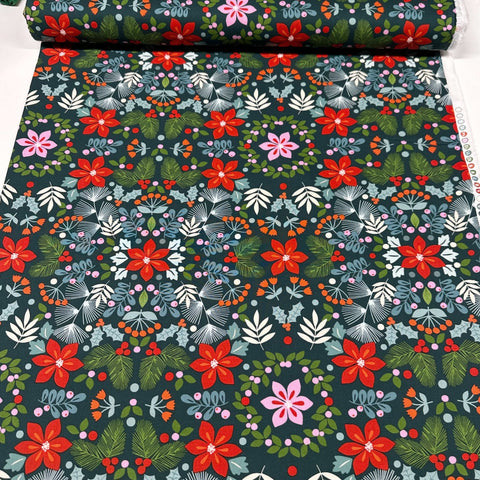 Alexander Henry Joy Green Cotton Fabric, Holiday Christmas Festive Poinsettia Fabric