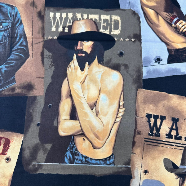 Wanted Sexy Outlaws Pin Up Men Cotton Fabric by Alexander Henry, Black