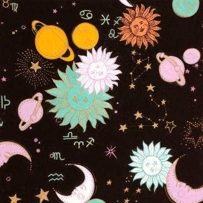 Alexander Henry Zodiac Sky Cotton Fabric Black, Star Moons Fabric