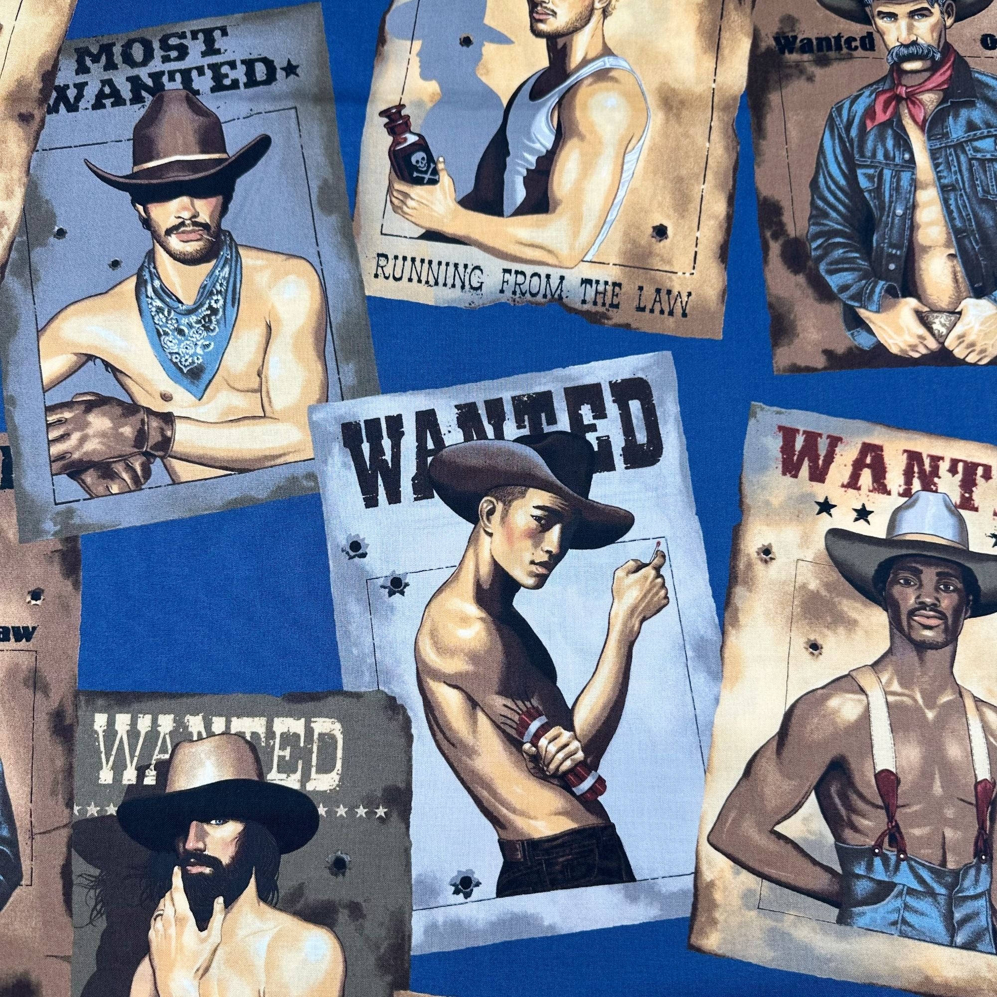 Wanted Sexy Outlaws Pin Up Men Cotton Fabric by Alexander Henry, Denim