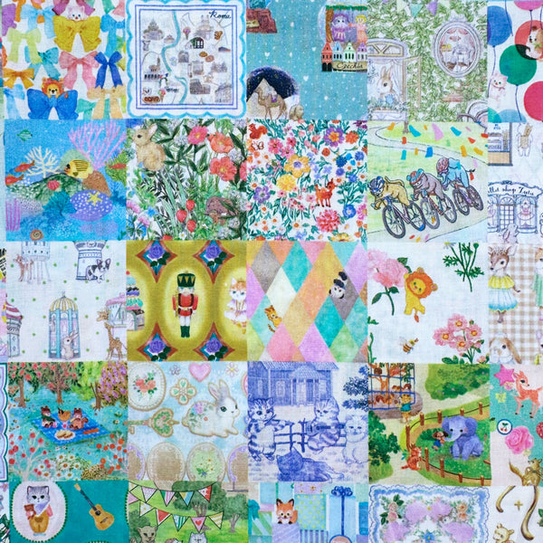 Anniversary Patchwork cotton lawn fabric in blue by Yukiemon for Hokkoh featuring patchwork squares with adorable animals, playful scenes, and charming illustrated motifs, imported from Japan