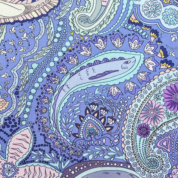 Close up of Animal Paisley cotton fabric in Periwinkle by Nora featuring animal motifs nestled within an intricate paisley design, imported from Japan