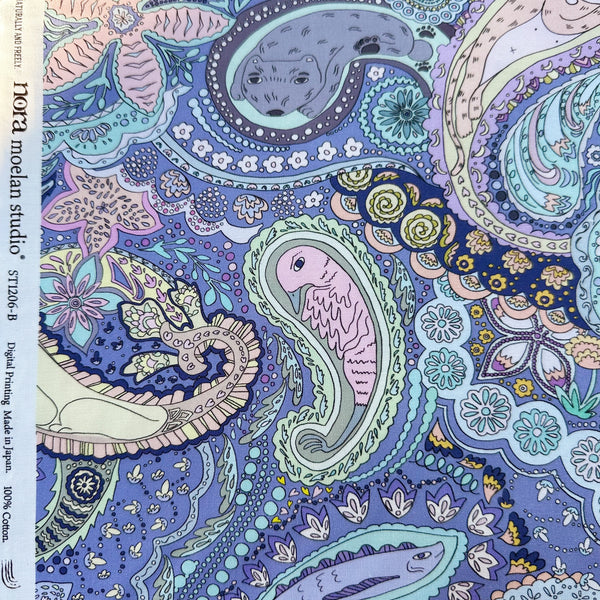Selvage of Animal Paisley cotton fabric in Periwinkle by Nora featuring animal motifs nestled within an intricate paisley design, imported from Japan