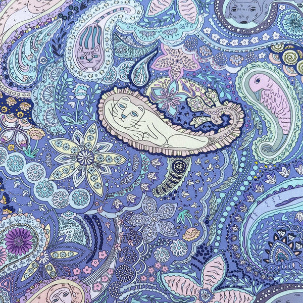 Animal Paisley cotton fabric in Periwinkle by Nora featuring animal motifs nestled within an intricate paisley design, imported from Japan