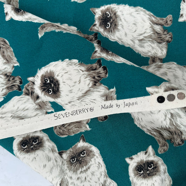 Selvage of Animal Friends Cat cotton oxford fabric in teal by Sevenberry featuring fluffy cat illustrations imported from Japan