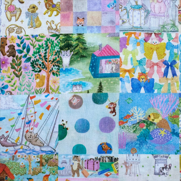 Cute animal details of Anniversary Patchwork cotton lawn fabric in blue by Yukiemon for Hokkoh featuring patchwork squares with adorable animals, playful scenes, and charming illustrated motifs, imported from Japan