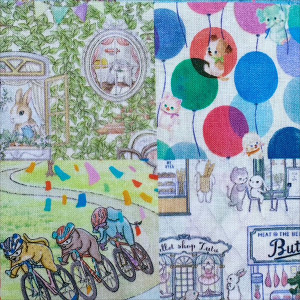 Details in Anniversary Patchwork cotton lawn fabric in blue by Yukiemon for Hokkoh featuring patchwork squares with adorable animals, playful scenes, and charming illustrated motifs, imported from Japan