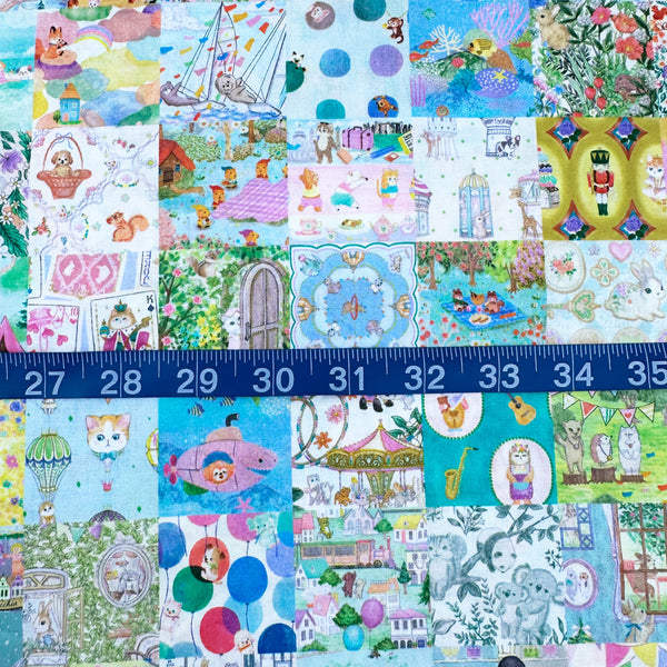Scale of Anniversary Patchwork cotton lawn fabric in blue by Yukiemon for Hokkoh featuring patchwork squares with adorable animals, playful scenes, and charming illustrated motifs, imported from Japan