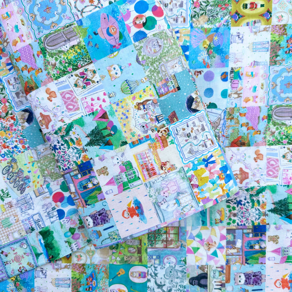 Bolt of Anniversary Patchwork cotton lawn fabric in blue by Yukiemon for Hokkoh featuring patchwork squares with adorable animals, playful scenes, and charming illustrated motifs, imported from Japan