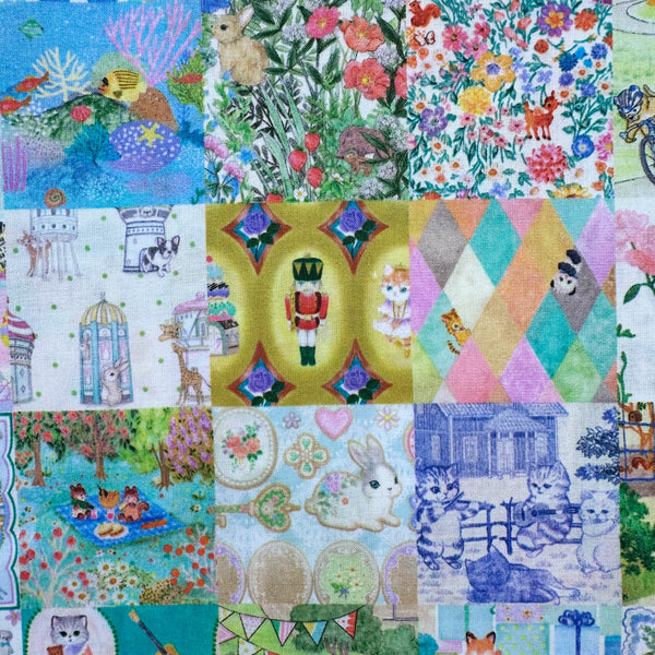 Scenes from Anniversary Patchwork cotton lawn fabric in blue by Yukiemon for Hokkoh featuring patchwork squares with adorable animals, playful scenes, and charming illustrated motifs, imported from Japan