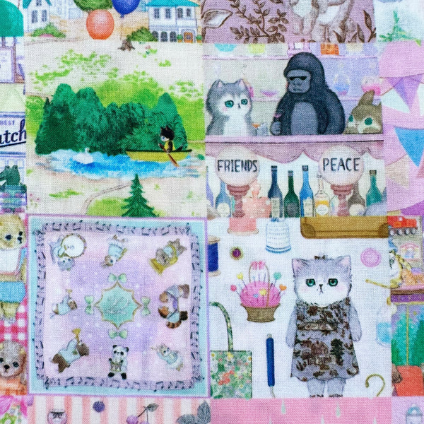 Close up of scenes in Anniversary Patchwork cotton lawn fabric in pink by Yukiemon for Hokkoh featuring patchwork squares with adorable animals, playful scenes, and colorful illustrated motifs, imported from Japan