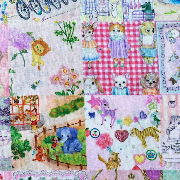 Close up details of Anniversary Patchwork cotton lawn fabric in pink by Yukiemon for Hokkoh featuring patchwork squares with adorable animals, playful scenes, and colorful illustrated motifs, imported from Japan