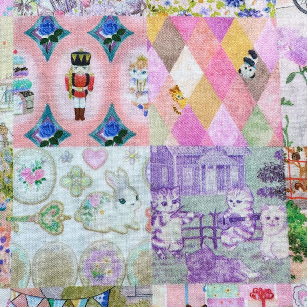 Anniversary Patchwork cotton lawn fabric in pink by Yukiemon for Hokkoh featuring patchwork squares with adorable animals, playful scenes, and colorful illustrated motifs, imported from Japan showing close up of motifs.