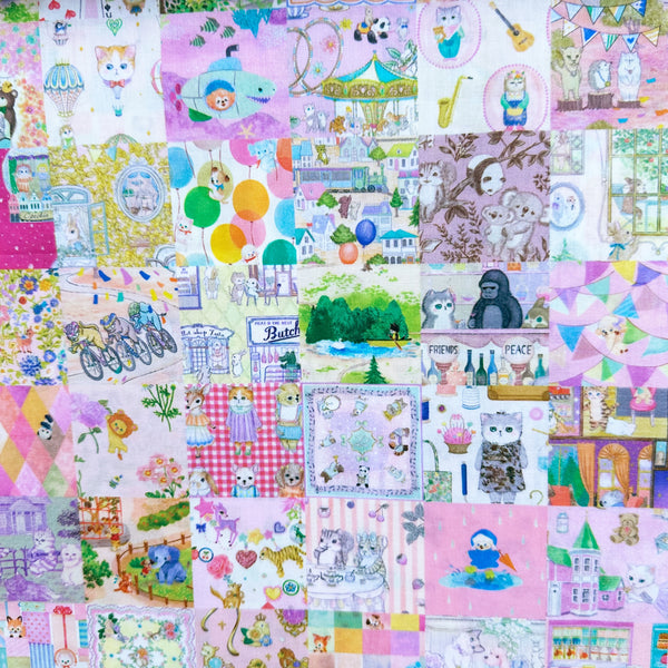 Anniversary Patchwork cotton lawn fabric in pink by Yukiemon for Hokkoh featuring patchwork squares with adorable animals, playful scenes, and colorful illustrated motifs, imported from Japan