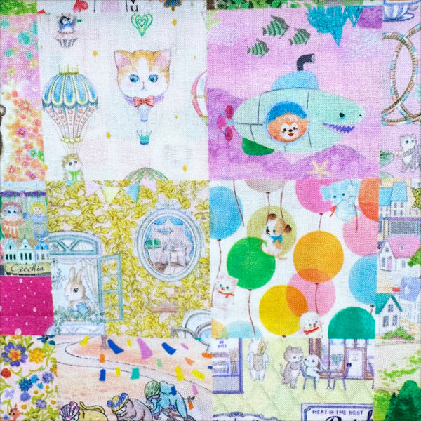 Close up of Anniversary Patchwork cotton lawn fabric in pink by Yukiemon for Hokkoh featuring patchwork squares with adorable animals, playful scenes, and colorful illustrated motifs, imported from Japan