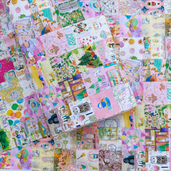 Bolt of Anniversary Patchwork cotton lawn fabric in pink by Yukiemon for Hokkoh featuring patchwork squares with adorable animals, playful scenes, and colorful illustrated motifs, imported from Japan