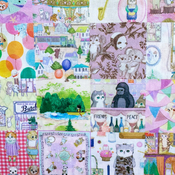 Anniversary Patchwork cotton lawn fabric in pink by Yukiemon for Hokkoh featuring patchwork squares with adorable animals, playful scenes, and colorful illustrated motifs, imported from Japan