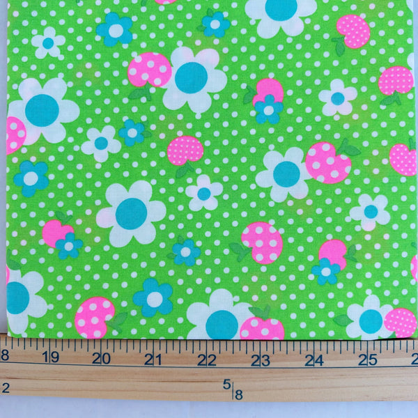 Scale of Apple Flower Remix cotton fabric by Antique Fabric Pinks in green and neon pink