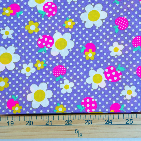 Scale of Apple Flower Remix cotton fabric by Antique Fabric Pinks in purple and neon pink