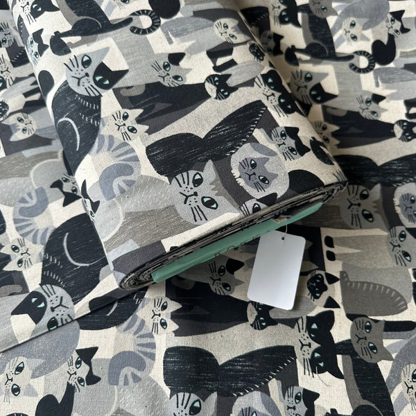 Bolt of Art Animal Cats Cotton Linen Blend Canvas Fabric by Kokka, style YGA-91060 1B, featuring cat illustrations, in gray and multi