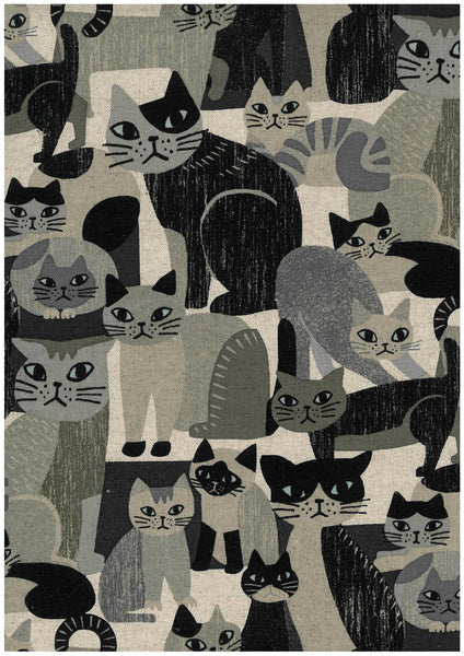 Stock photo of Art Animal Cats Cotton Linen Blend Canvas Fabric by Kokka, style YGA-91060 1B, featuring cat illustrations, in gray and multi