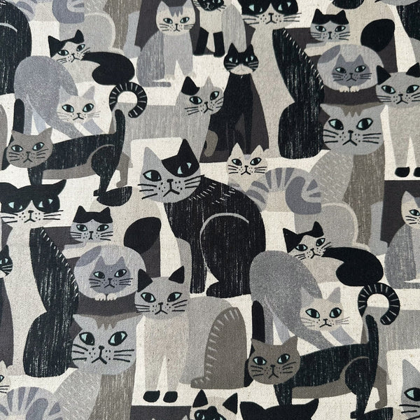 Art Animal Cats Cotton Linen Blend Canvas Fabric by Kokka, style YGA-91060 1B, featuring cat illustrations, in gray and multi