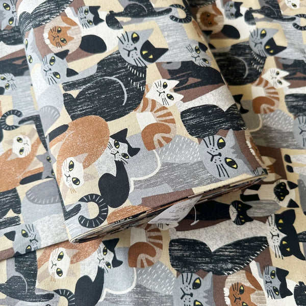 Bolt of Art Animal Cats Cotton Linen Blend Canvas Fabric by Kokka, style YGA-91060 1D, featuring cat illustrations, in brown and multi