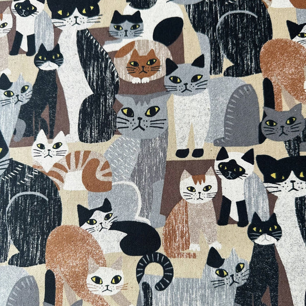 Art Animal Cats Cotton Linen Blend Canvas Fabric by Kokka, style YGA-91060 1D, featuring cat illustrations, in brown and multi