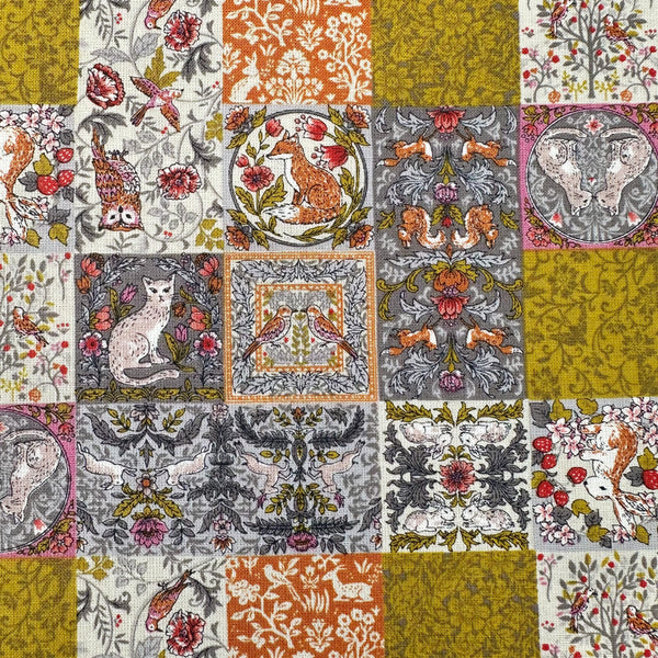Art Nouveau Symphony Patchwork Animal cotton fabric in blue multi, imported from Japan