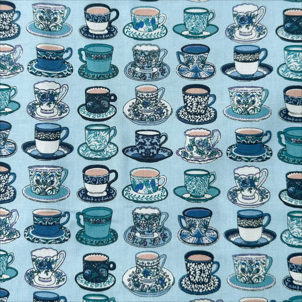 Art Nouveau Symphony Tea Cups cotton fabric in blue, imported from Japan