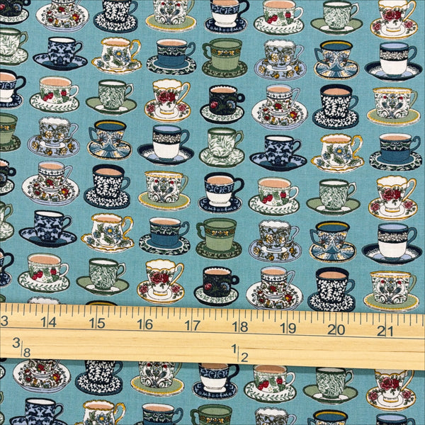 Scale of Art Nouveau Symphony Tea Cups cotton fabric in teal