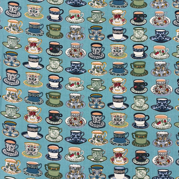 Art Nouveau Symphony Tea Cups cotton fabric in teal