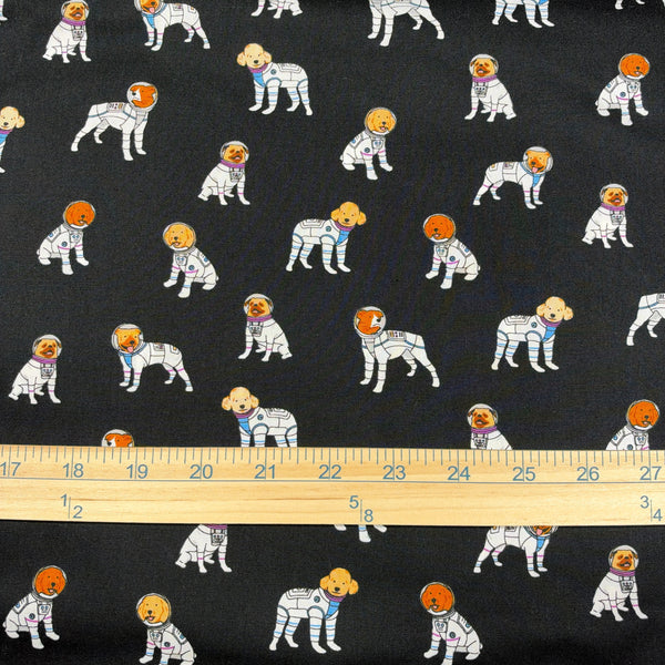 Scale of Astronaut Dogs cotton broadcloth fabric by Sevenberry in black