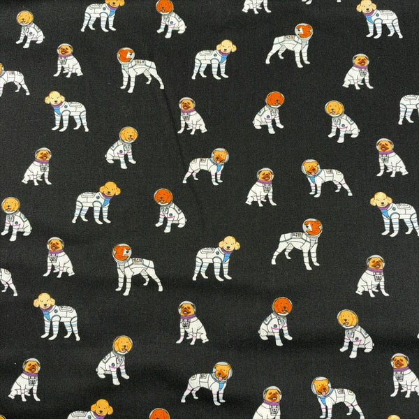 Astronaut Dogs cotton broadcloth fabric by Sevenberry in black