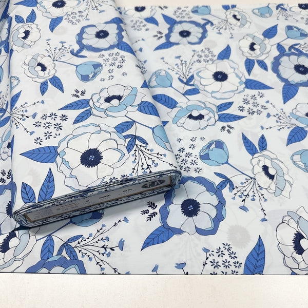 True Blue Sprinkled Peonies Azul by Maureen Cracknell Cotton Fabric, AGF Art Gallery Fabrics TBL89503