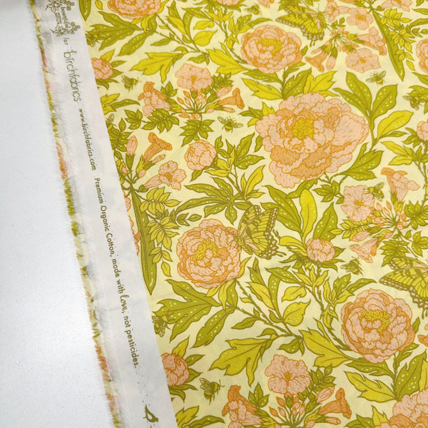 Peonies Dew Organic Cotton Poplin Fabric Bountiful by Mustard Beetle, Birch Fabrics MBH-11-DEW