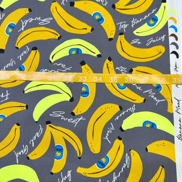 Scale of Banana Mood Oxford cotton fabric in neon yellow and gray, Japanese Import, medium weight cotton for sewing and quilting