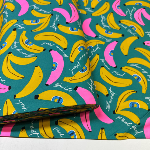 Bolt of Banana Mood Oxford cotton fabric in teal and neon pink, Japanese Import, medium weight cotton for sewing and quilting