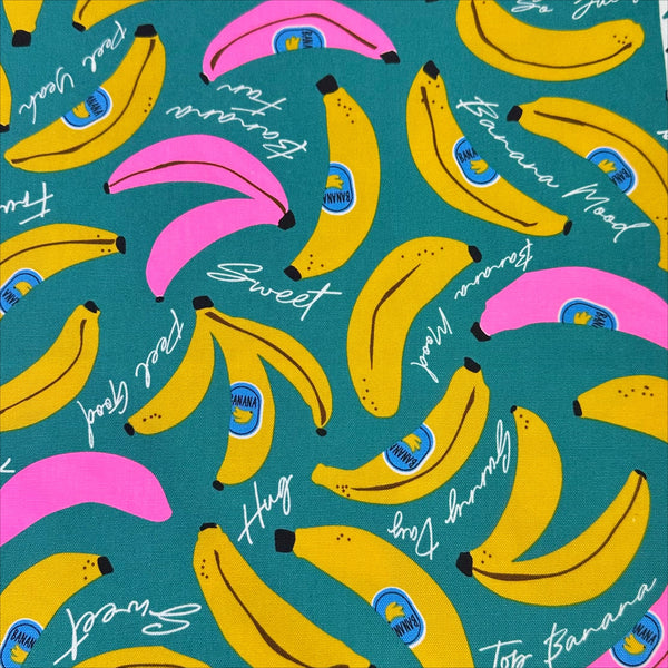 Banana Mood Oxford cotton fabric in teal and neon pink, Japanese Import, medium weight cotton for sewing and quilting