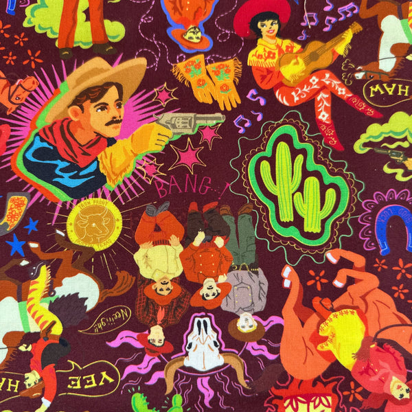 Bang cotton fabric by Nora in deep maroon with colorful cowboy western print, imported from Japan