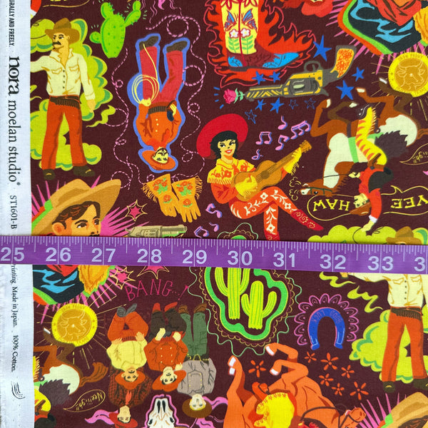 Scale of Bang cotton fabric by Nora in deep maroon with colorful cowboy western print, imported from Japan