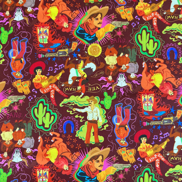 Bang cotton fabric by Nora in deep maroon with colorful cowboy western print, imported from Japan
