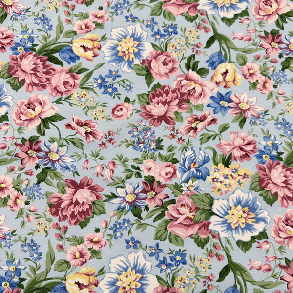 Flowerhouse Serene Blue Pink Floral Cotton Jersey Knit Stretch Fabric Robert Kaufman