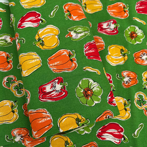 Bolt of Bell Pepper Canvas Fabric by Cosmo Textiles, style AP62105-D, featuring bell pepper print, in green