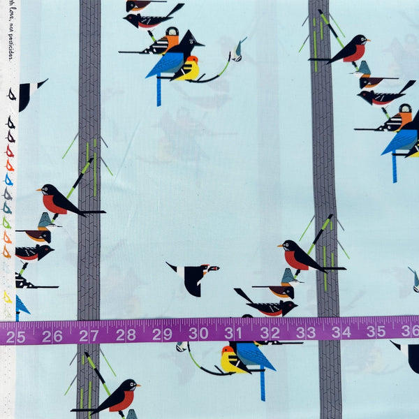 Scale of Birds on Pine Organic Poplin Fabric by Charley Harper for Birch Fabrics, style CH-164, featuring birds and pine trees, on pale blue background